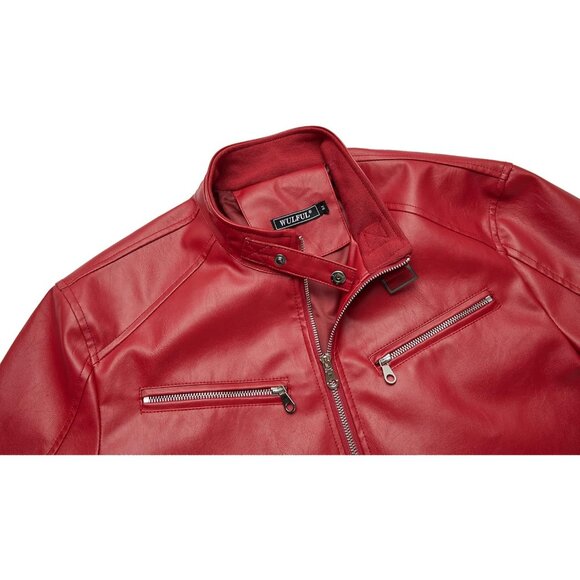 Men's Red Stand Collar Leather Motorcycle Lightweight Faux Leather Jacket - Picture 4 of 6